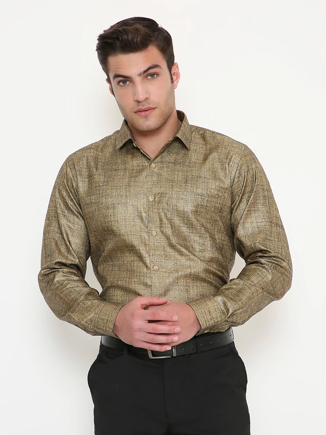 Poly Viscose Slim Fit Solid Shirt in Gold - Image 21