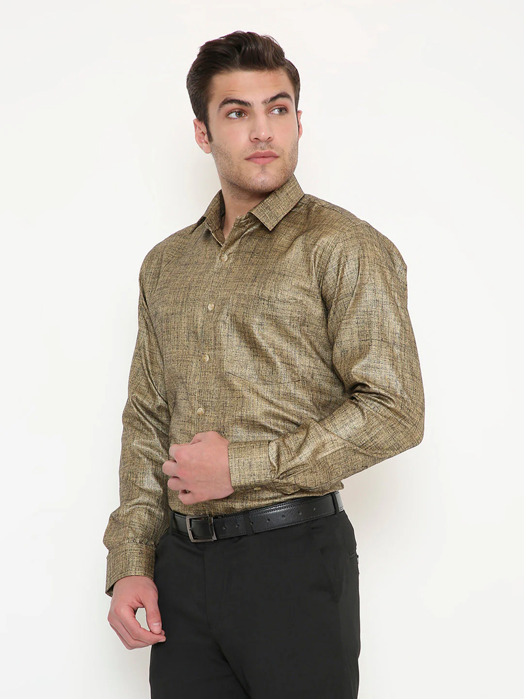 Poly Viscose Slim Fit Solid Shirt in Gold - Image 3