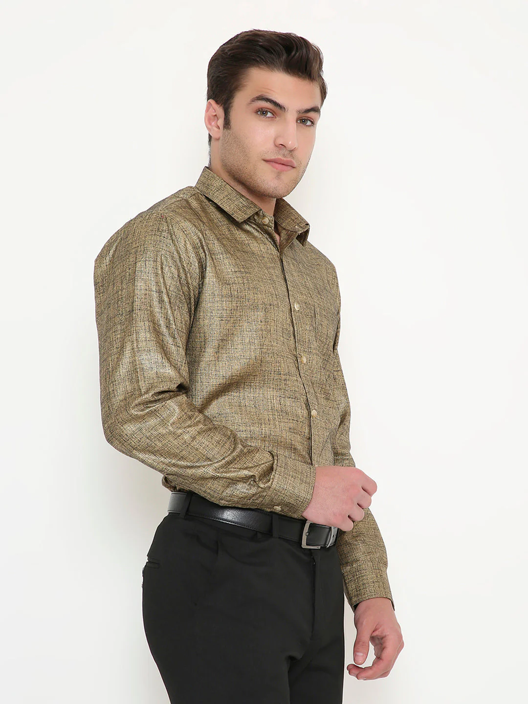 Poly Viscose Slim Fit Solid Shirt in Gold - Image 4