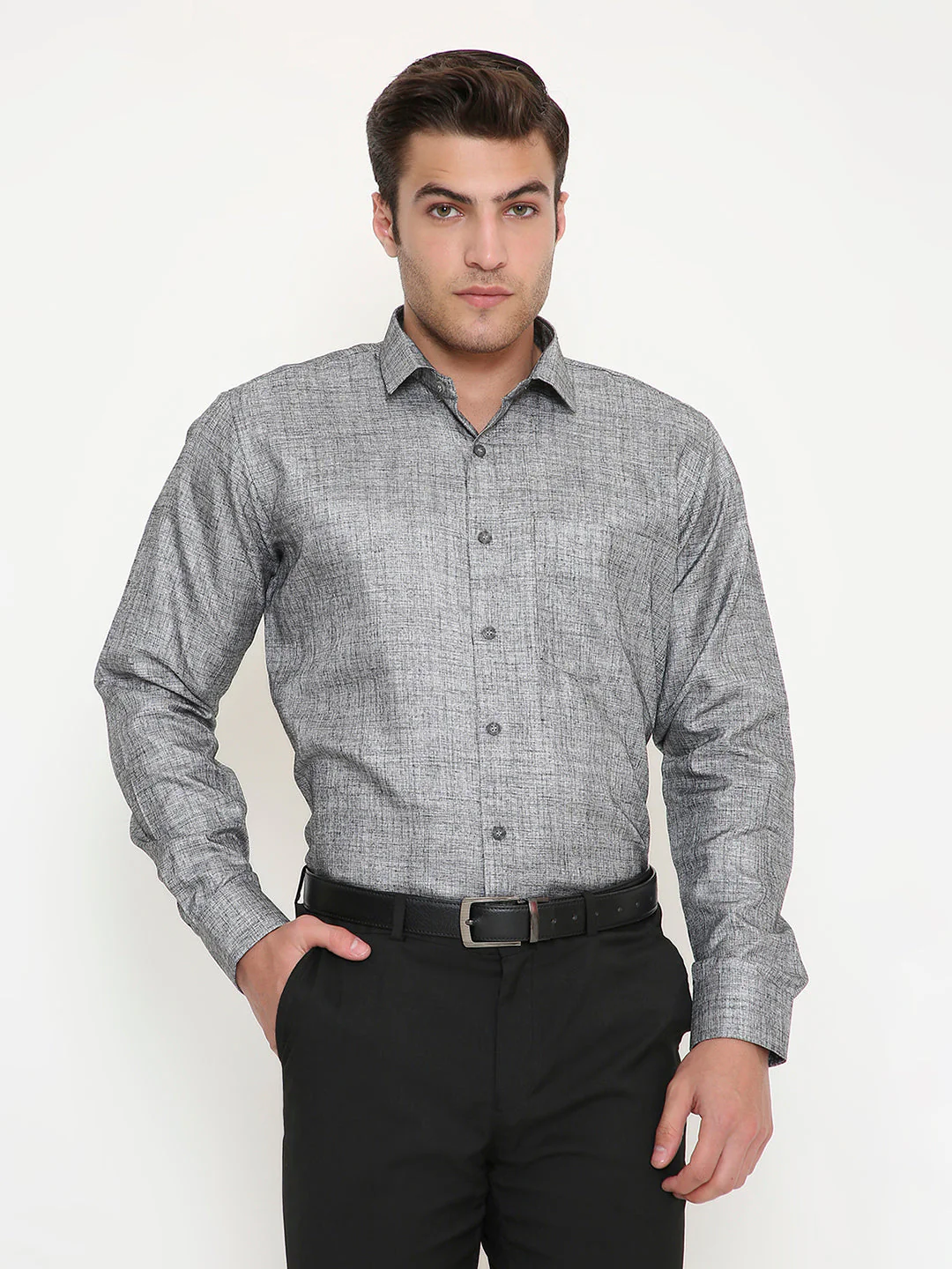 Poly Viscose Slim Fit Solid Shirt in Grey