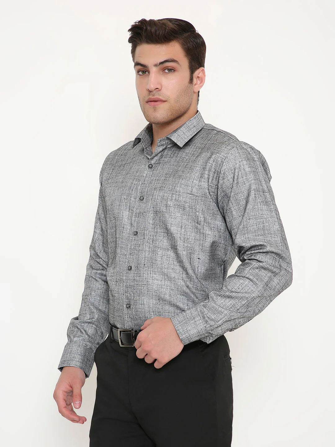 Poly Viscose Slim Fit Solid Shirt in Grey - Image 3
