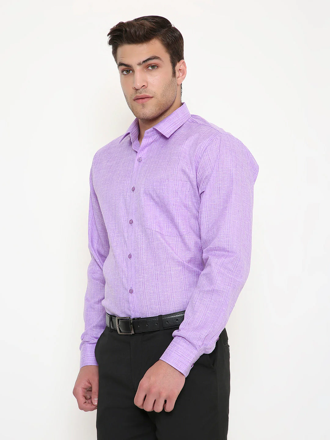 Poly Viscose Slim Fit Vertical Striped Shirt in Purple - Image 3
