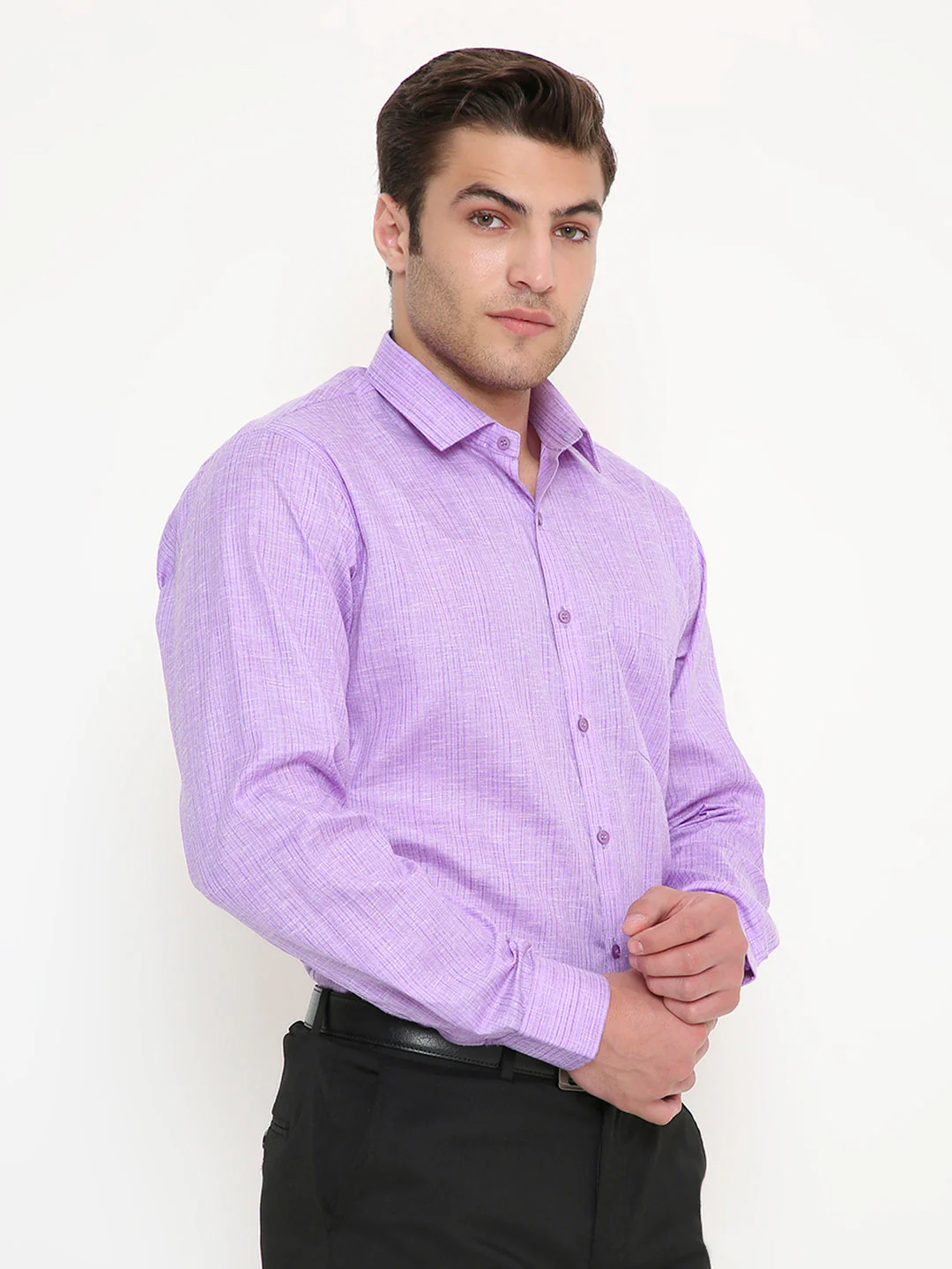 Poly Viscose Slim Fit Vertical Striped Shirt in Purple - Image 4