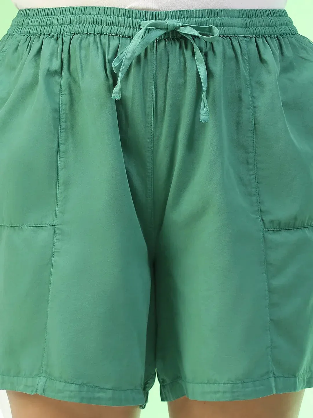 Pop Green Elasticated With Tie-Up Detail Plus Size Women Cotton Shorts - Image 6