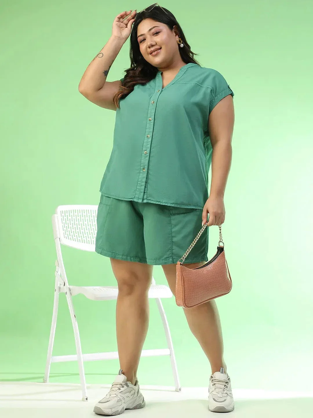 Pop Green Elasticated With Tie-Up Detail Plus Size Women Cotton Shorts - Image 7