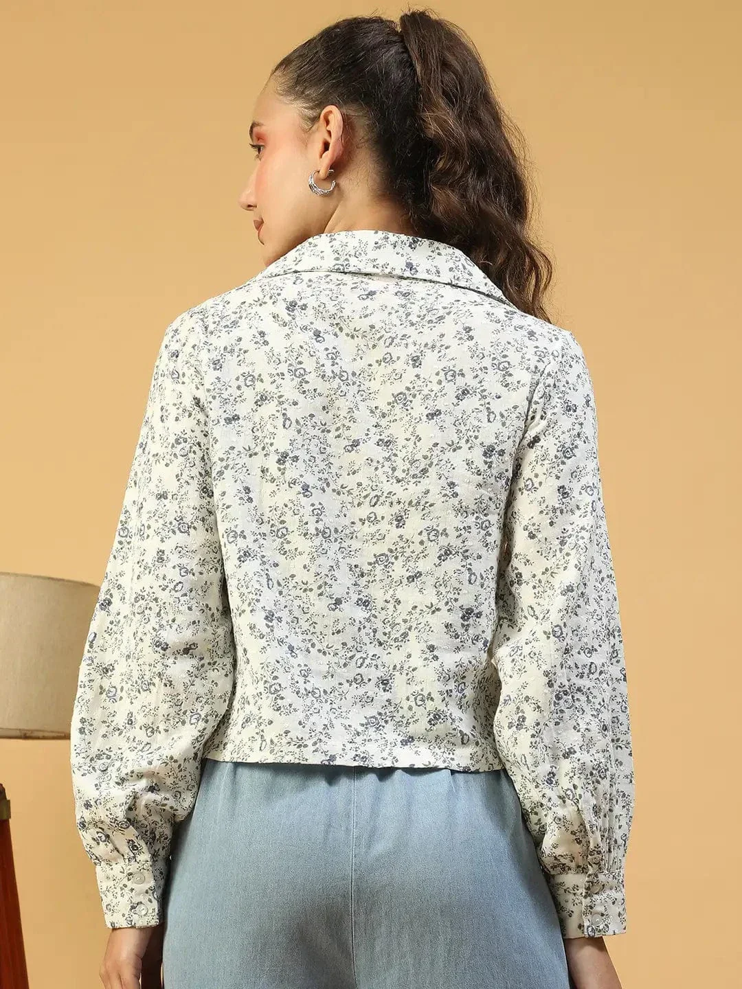 Pop Off White Dobby Meld Long Sleeve Open Collared Button Down Women Cotton Crop Shirt - Image 5