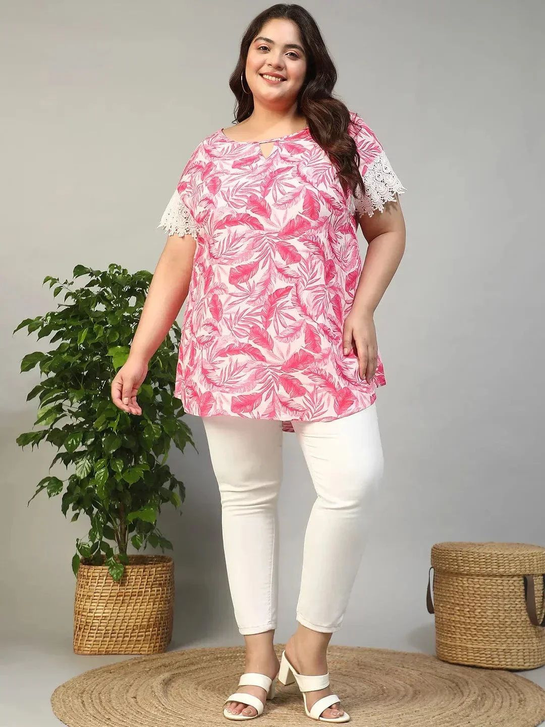 Pop Pink Tropical Print Key Hole Neck Short Lace Detail Sleeves Plus Size Women Top - Image 2