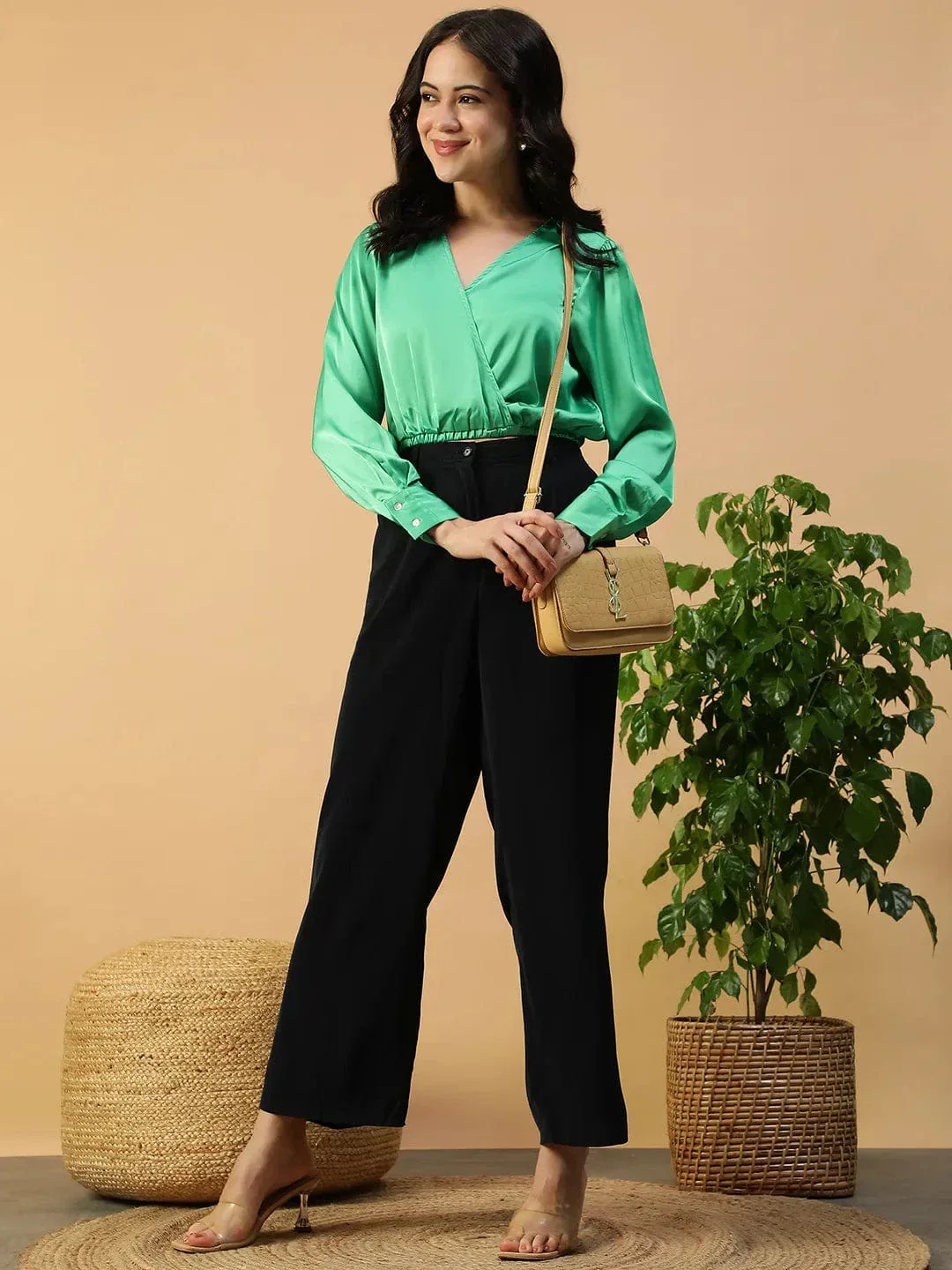 Popy Solid Green Long Sleeve Elasticated Women Satin Crop Top - Image 2