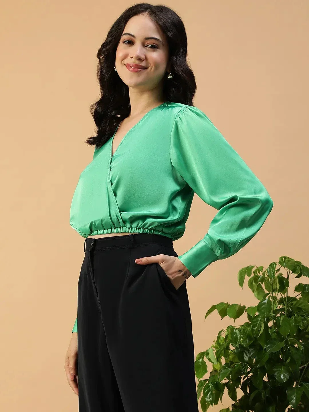 Popy Solid Green Long Sleeve Elasticated Women Satin Crop Top - Image 3