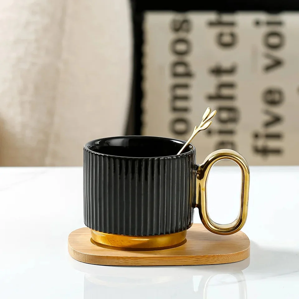 Porcelain Coffee Cup and Saucer Set with wooden tray - Image 2