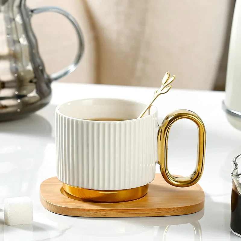 Porcelain Coffee Cup and Saucer Set with wooden tray - Image 5
