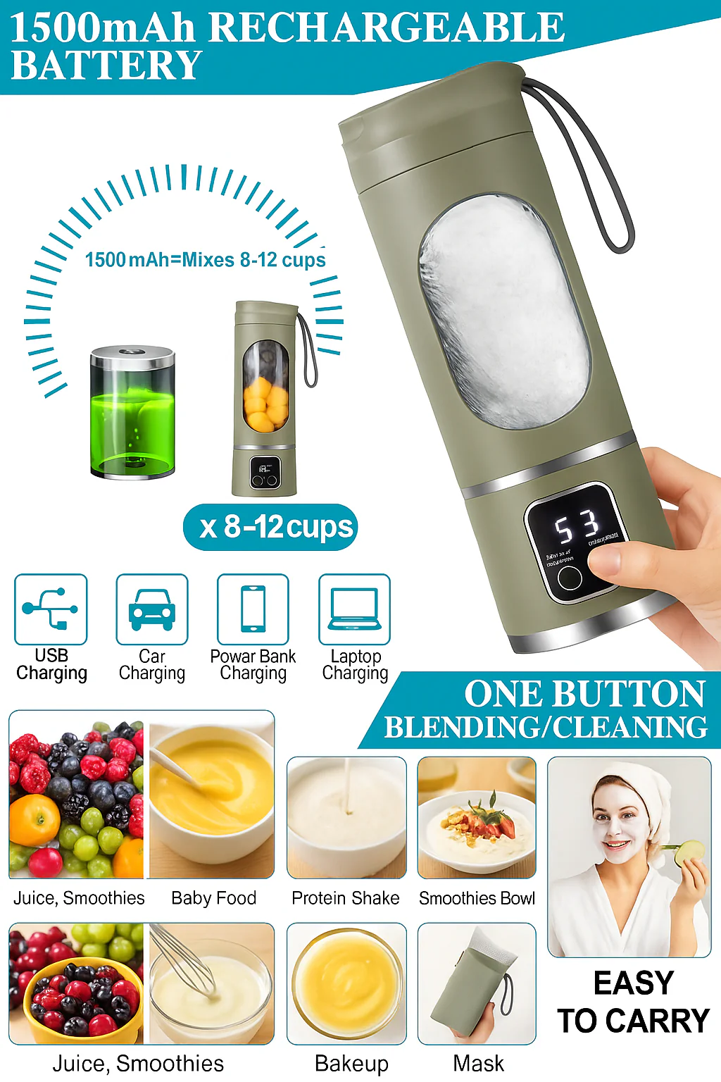 Portable USB Juicer Blender – 450ml, 1500mAh Rechargeable Battery, 18000 RPM, BPA-Free, 3 Programs, Stainless Steel Blades – Smoothies, Juices, Protein Shakes - Image 15
