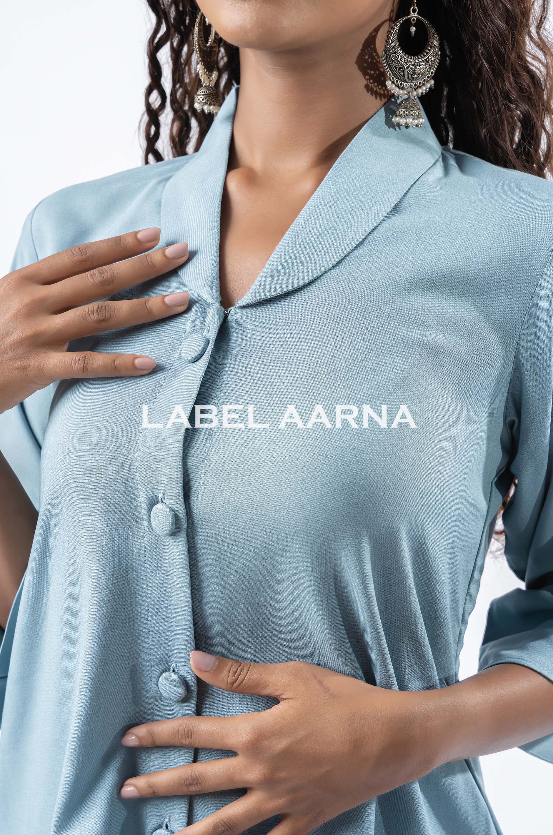 Powder Blue Viscose Rayon Shawl Collar With Curved Sleeves Co-Ord Set - Image 3