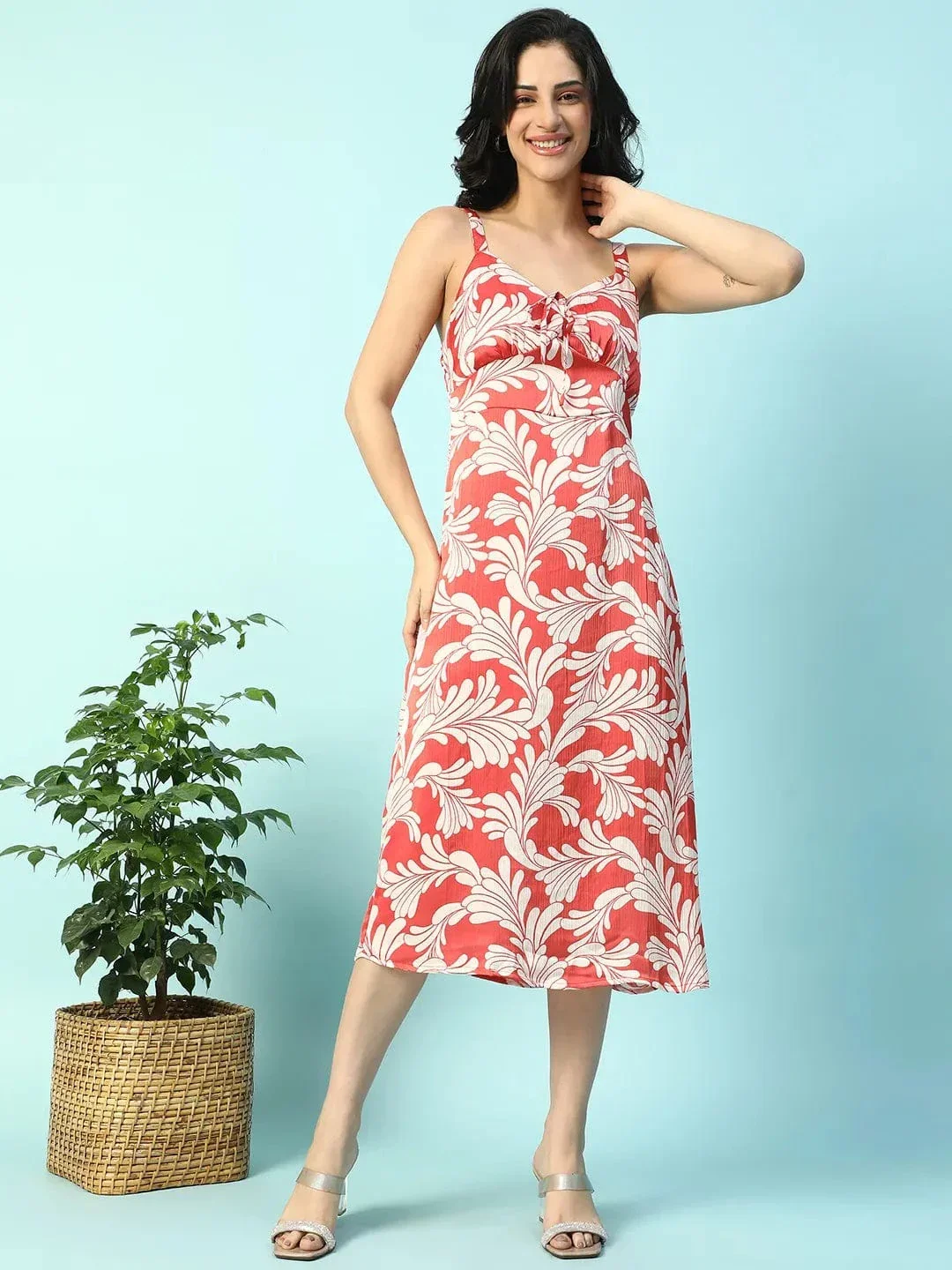 Power Red Floral Print Shoulder Strap Sleeveless Women Satin Dress - Image 2