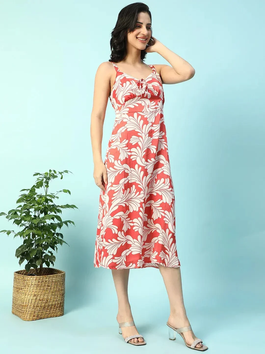 Power Red Floral Print Shoulder Strap Sleeveless Women Satin Dress - Image 5
