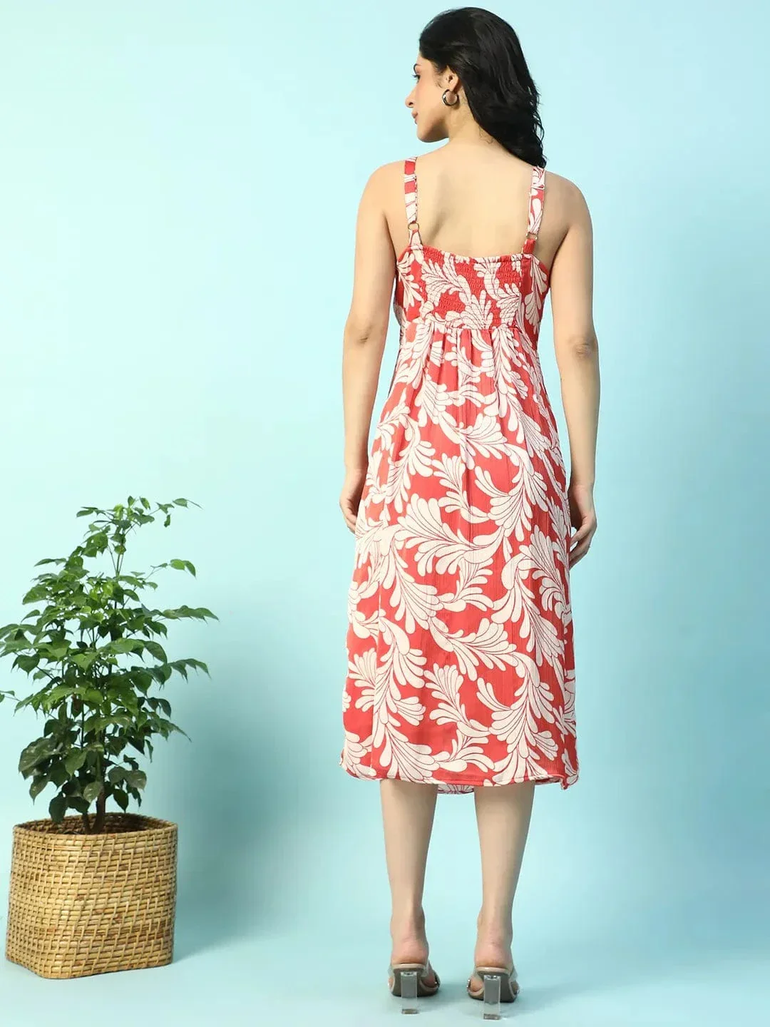 Power Red Floral Print Shoulder Strap Sleeveless Women Satin Dress - Image 6