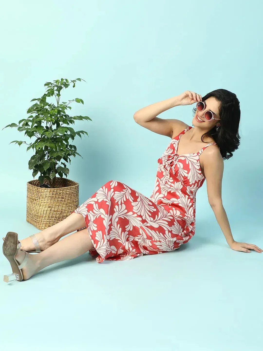 Power Red Floral Print Shoulder Strap Sleeveless Women Satin Dress - Image 8