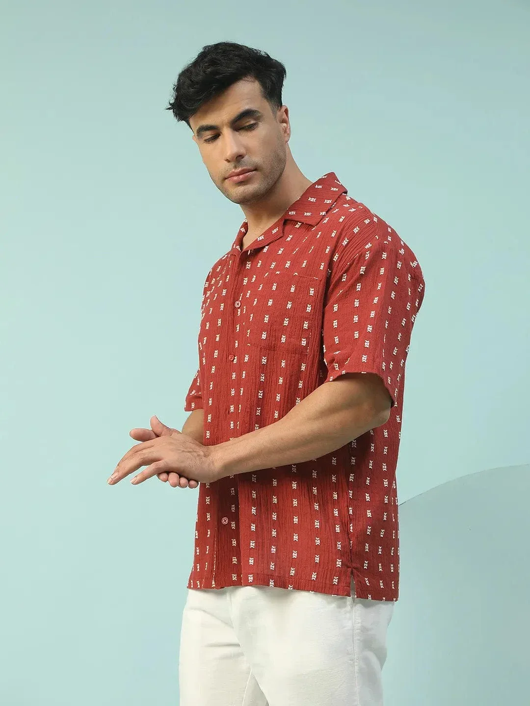 Powerhouse Rust Lapel Collar Short Sleeve Men Oversized Cotton Dobby Shirt - Image 3