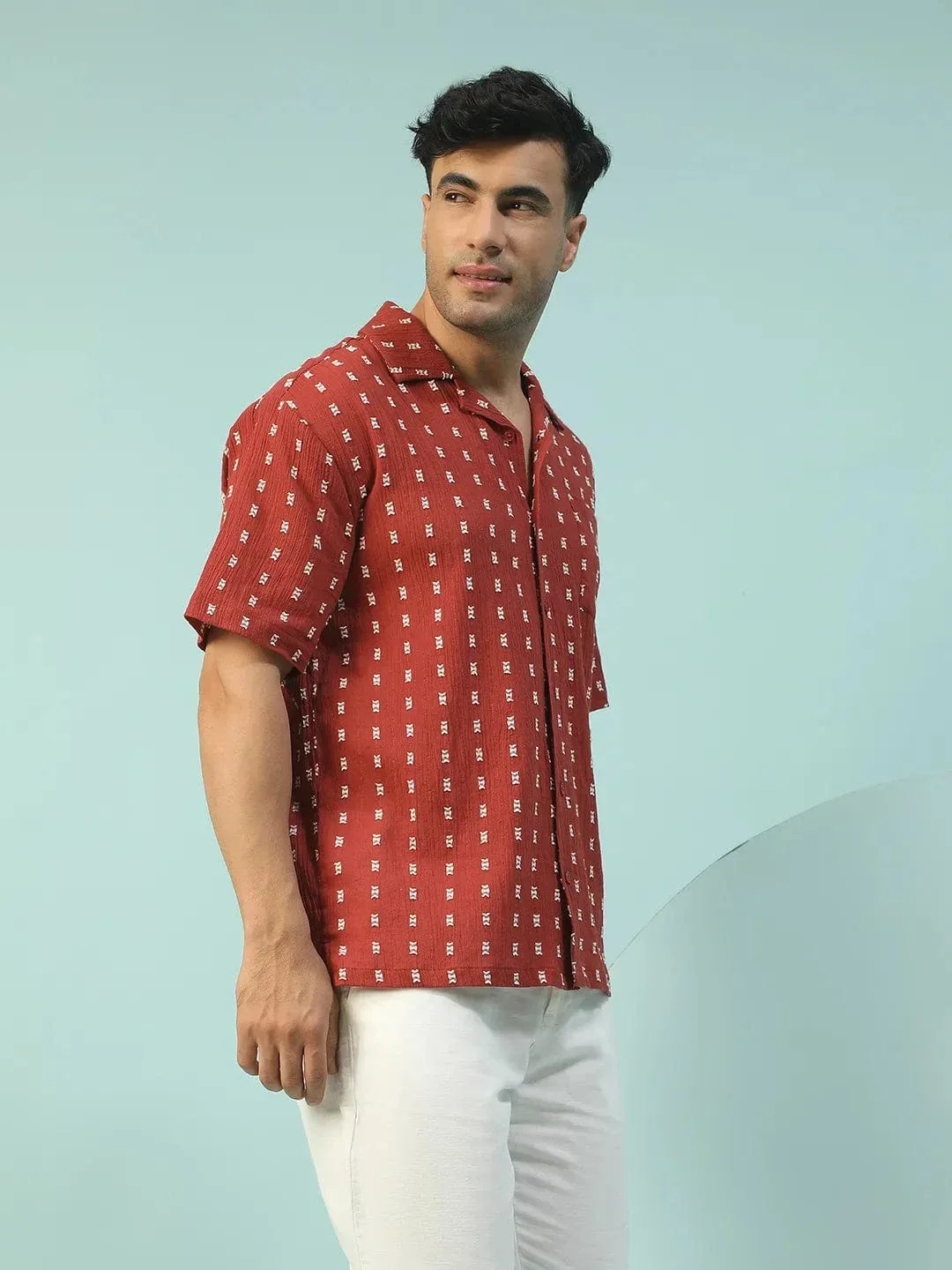 Powerhouse Rust Lapel Collar Short Sleeve Men Oversized Cotton Dobby Shirt - Image 4
