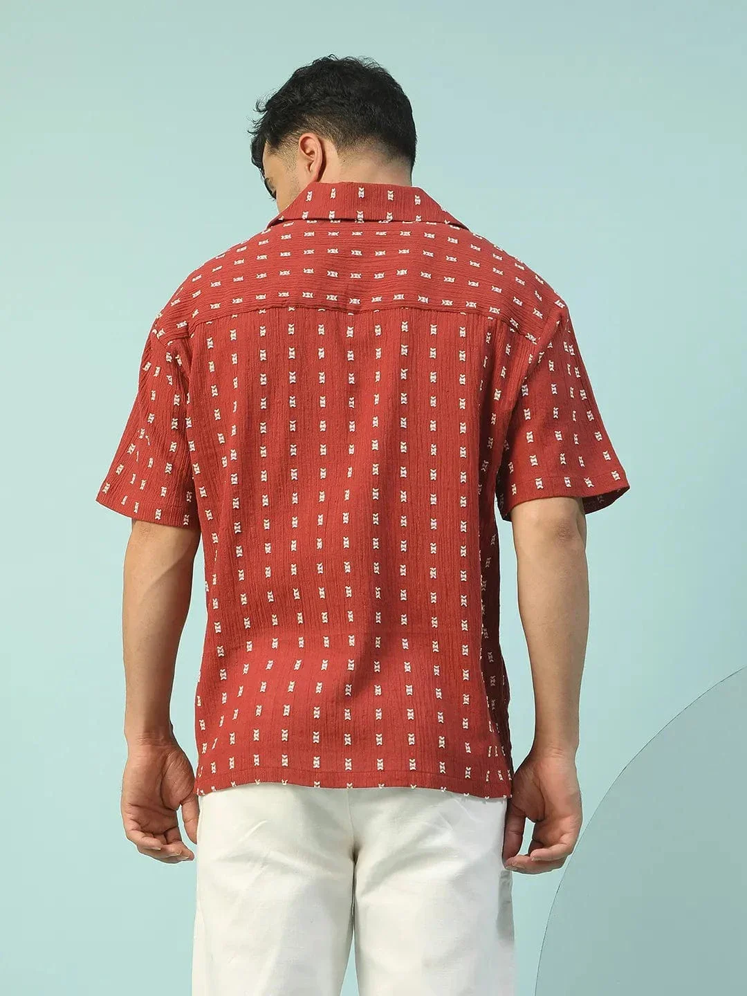 Powerhouse Rust Lapel Collar Short Sleeve Men Oversized Cotton Dobby Shirt - Image 5