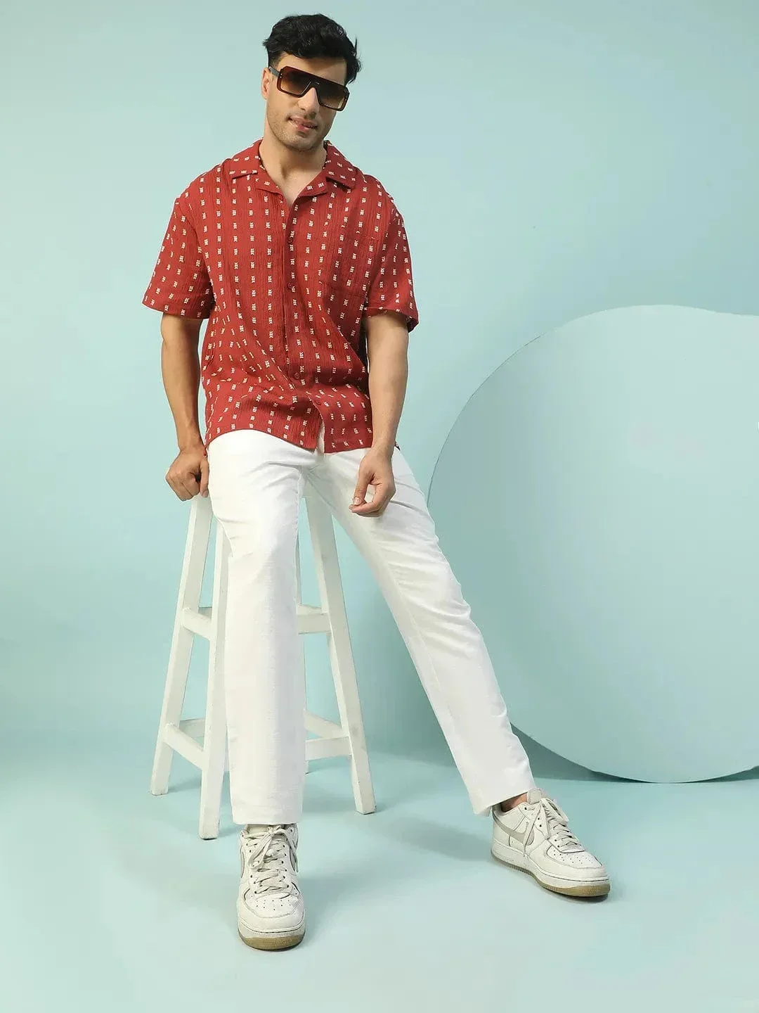 Powerhouse Rust Lapel Collar Short Sleeve Men Oversized Cotton Dobby Shirt - Image 8