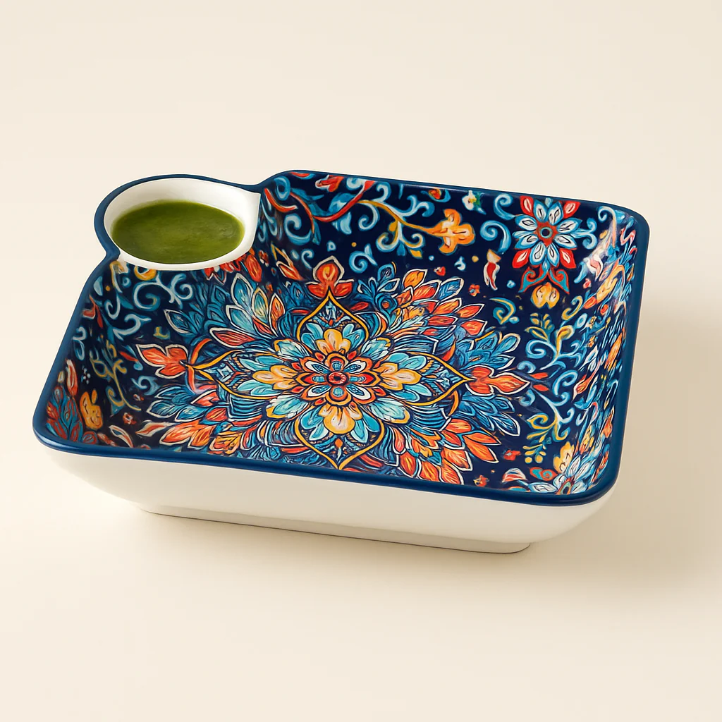 Premium Ceramic Snack Plate with Dip Bowl – 24 x 24 cm Square Serving Dish - Image 3