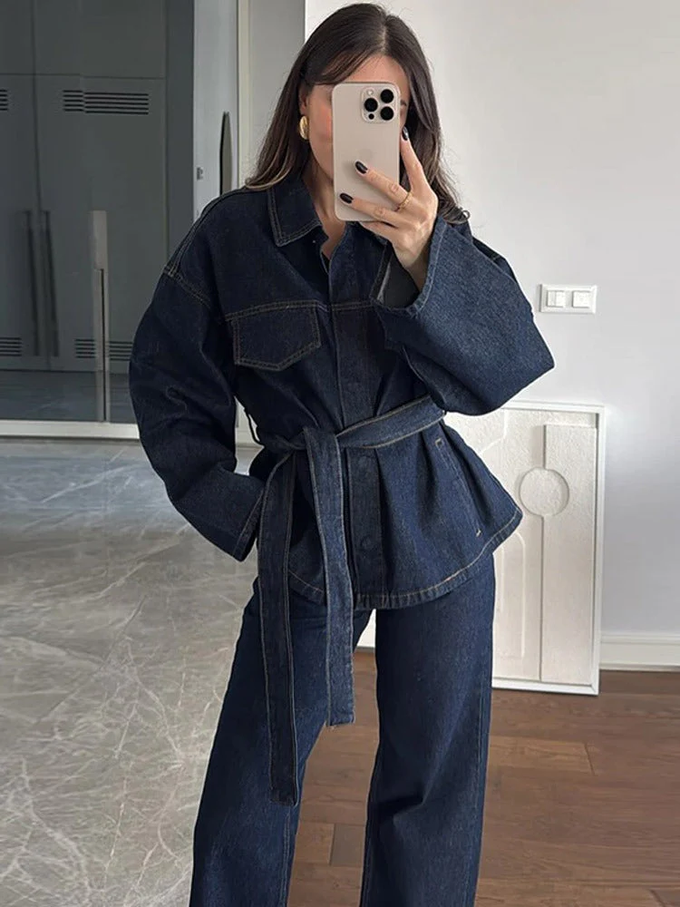Premium Denim Co-ord Set for Women ā Trendy Belted Jacket & Wide-Leg Pants - Image 2