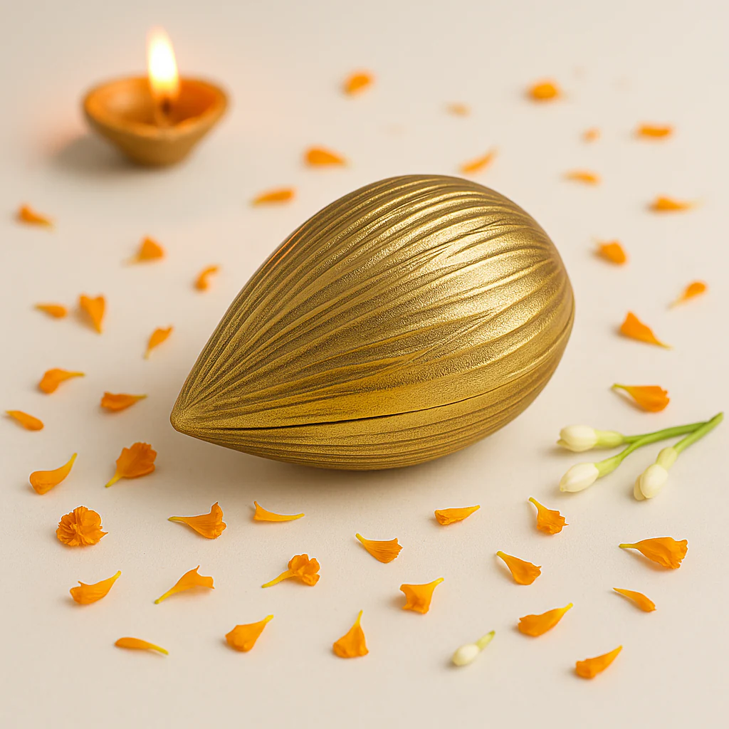 Premium Golden Almond-Shaped Candle with Lid | Pre-Filled Aroma Wax | Decorative Metal Container - Image 2