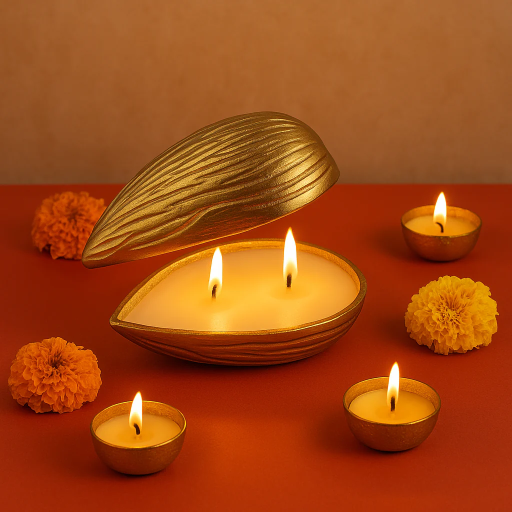 Premium Golden Almond-Shaped Candle with Lid | Pre-Filled Aroma Wax | Decorative Metal Container - Image 3