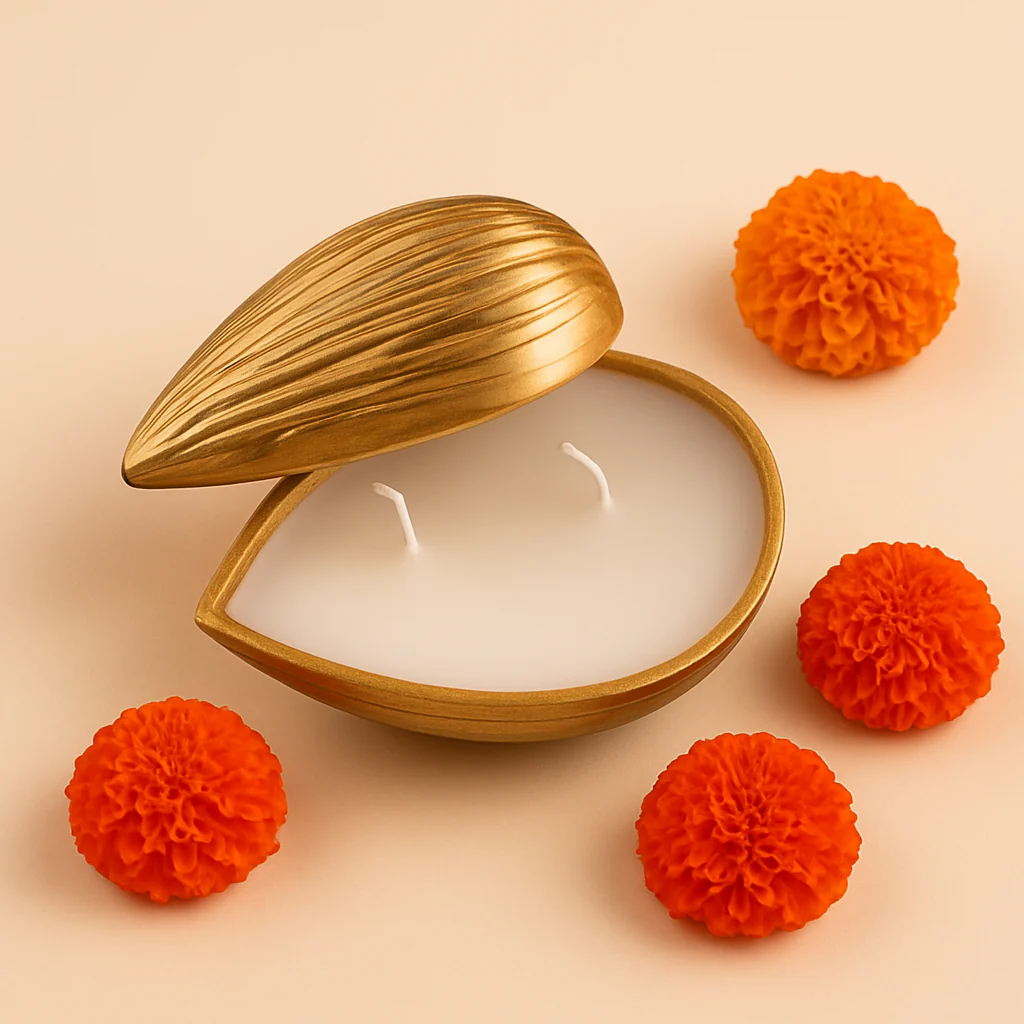 Premium Golden Almond-Shaped Candle with Lid | Pre-Filled Aroma Wax | Decorative Metal Container - Image 4
