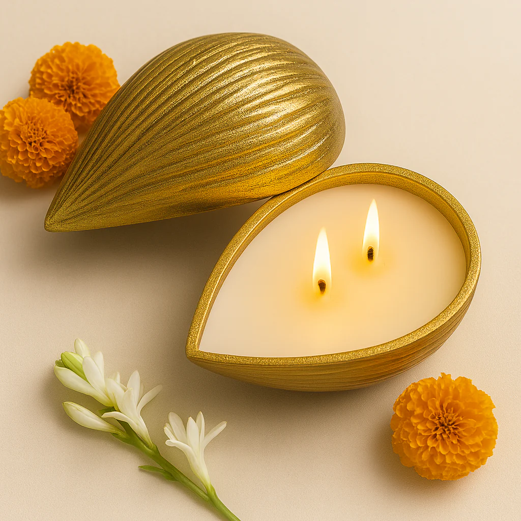 Premium Golden Almond-Shaped Candle with Lid | Pre-Filled Aroma Wax | Decorative Metal Container - Image 7