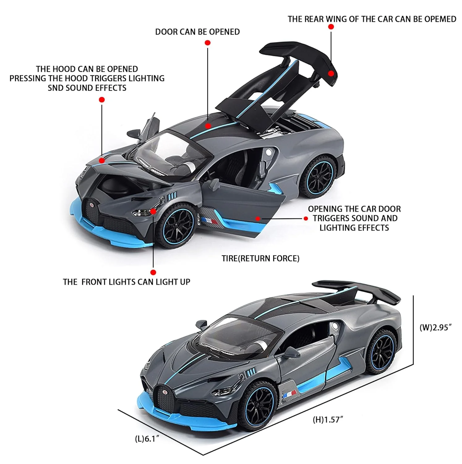 Premium Quality Die Cast Bugatti Simulation Pull Back Sports Toy Car (Black) - Image 10