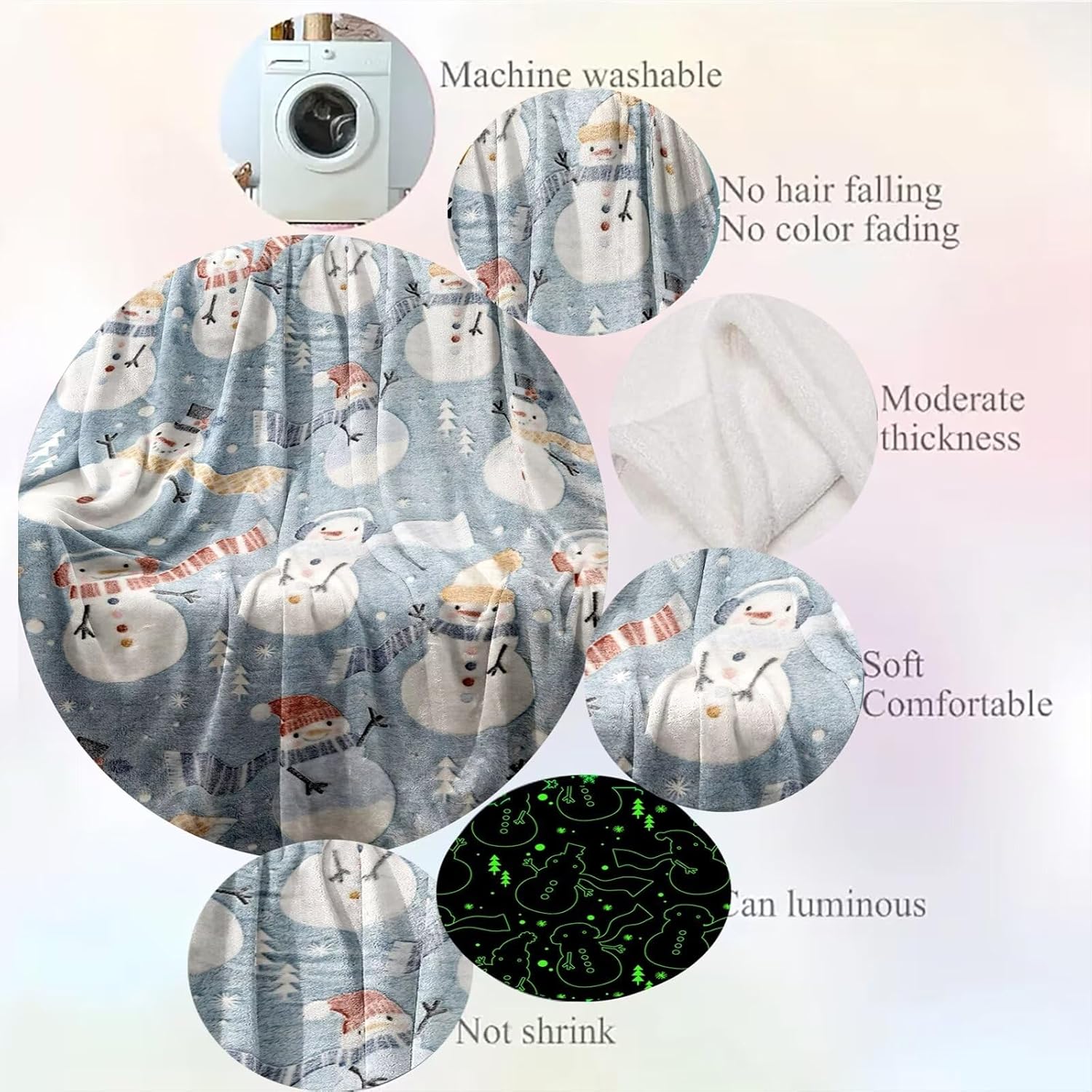 Premium Super Soft Warm Cozy Furry Blanket Glow in The Dark (5.5ft x 6.5ft) (Snowman) - Image 5