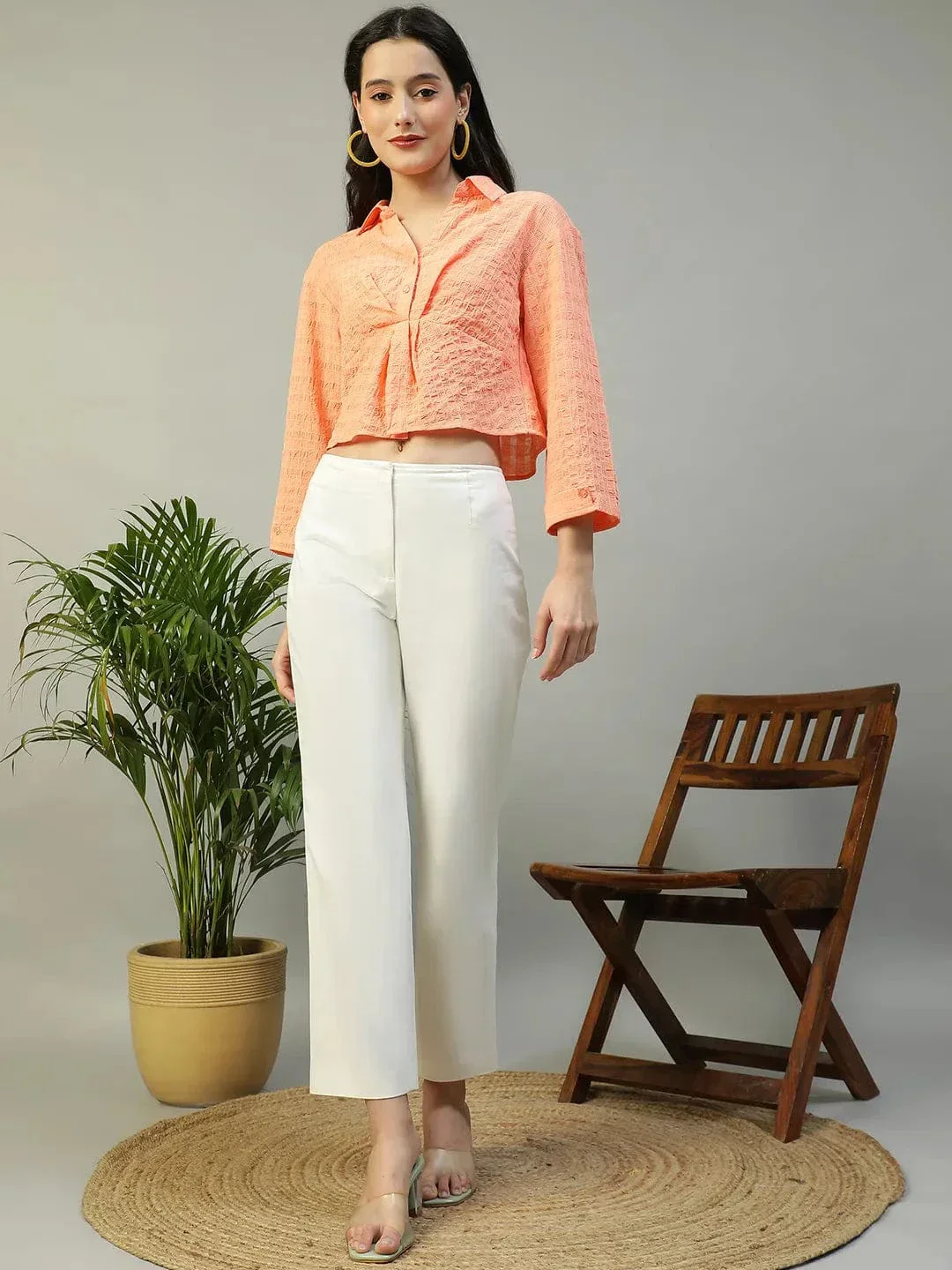 Preppy Coral Long Sleeve Open Collar Women Crop Shirt - Image 2