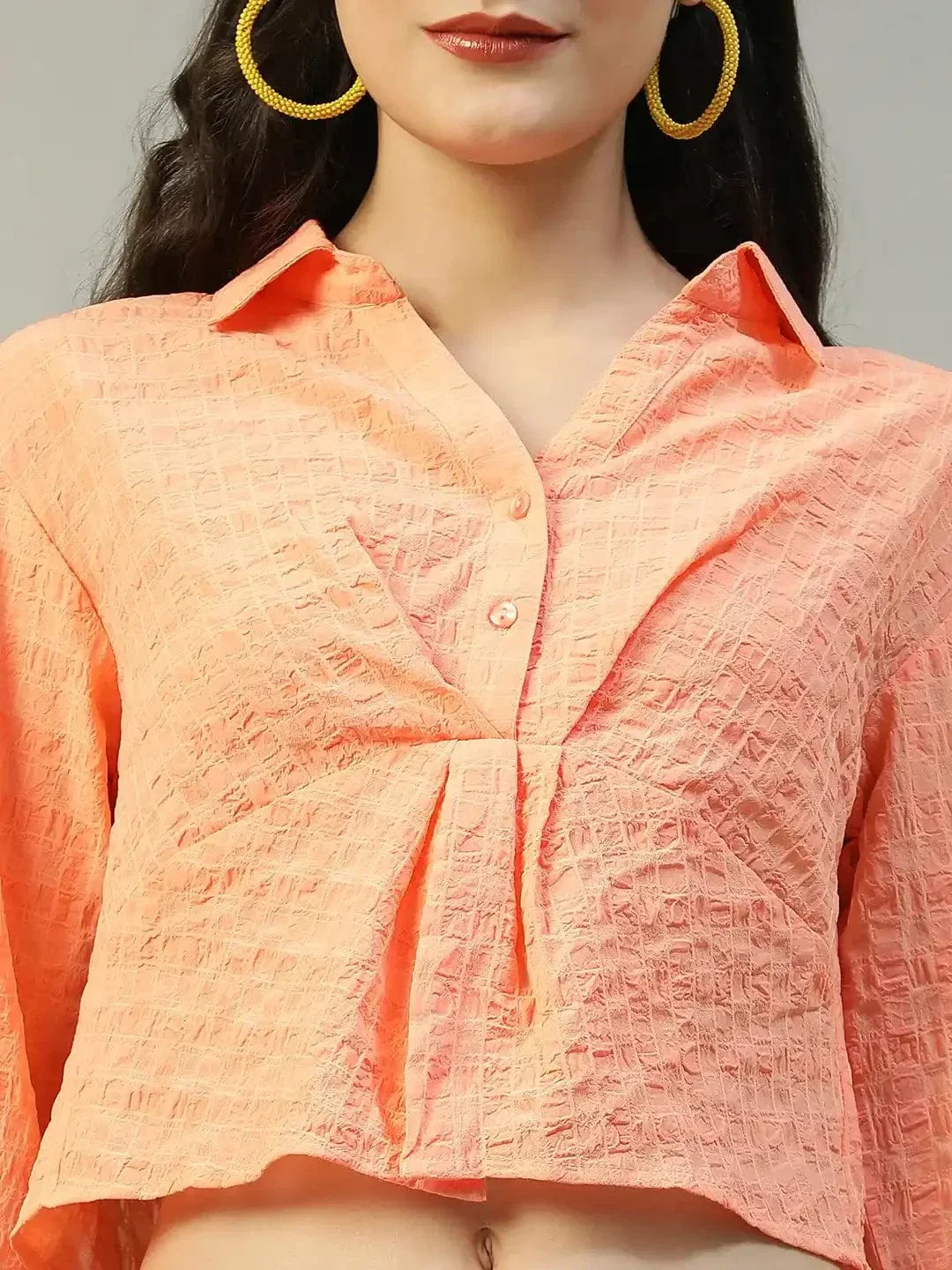 Preppy Coral Long Sleeve Open Collar Women Crop Shirt - Image 6