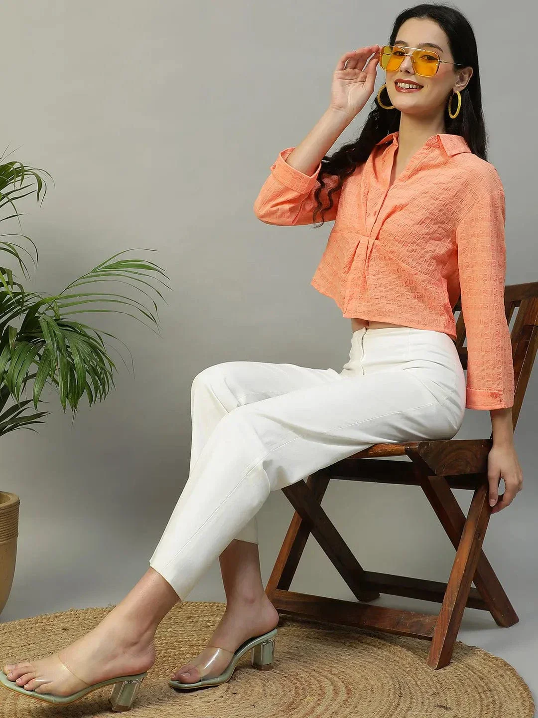 Preppy Coral Long Sleeve Open Collar Women Crop Shirt - Image 7