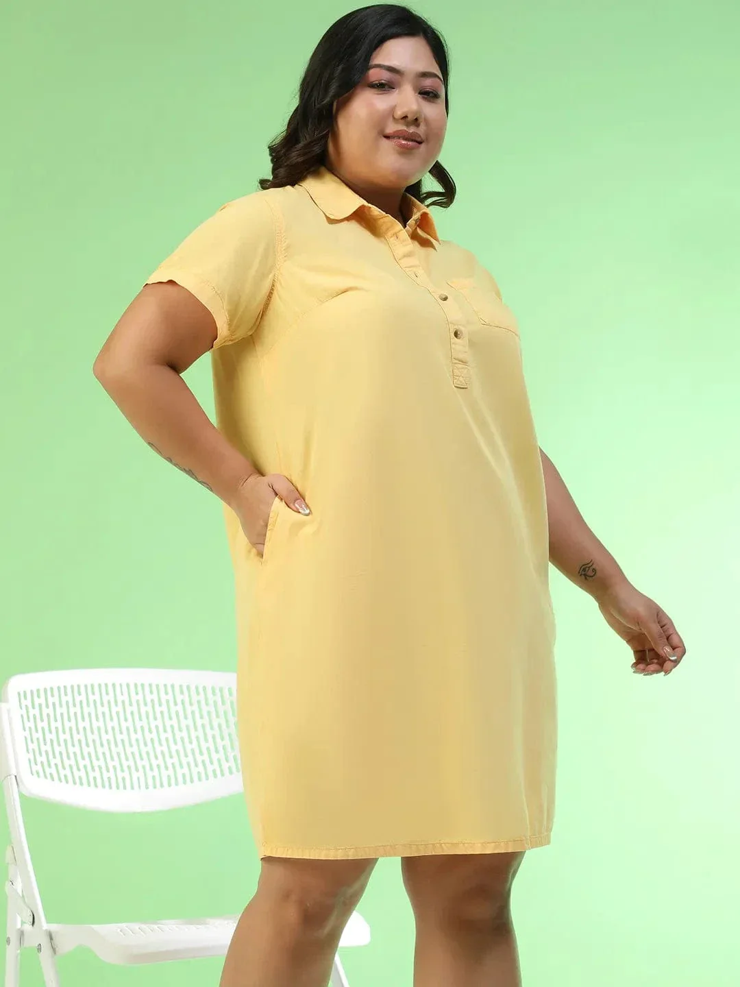 Preppy Yellow Collared Button Detail Short Sleeve Plus Size Women Cotton Dress - Image 4