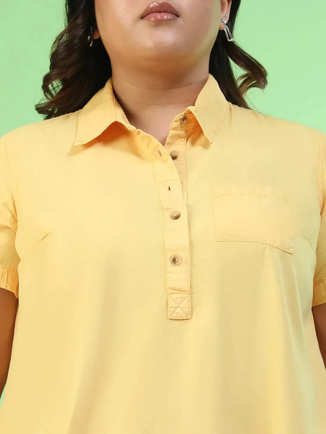 Preppy Yellow Collared Button Detail Short Sleeve Plus Size Women Cotton Dress - Image 6