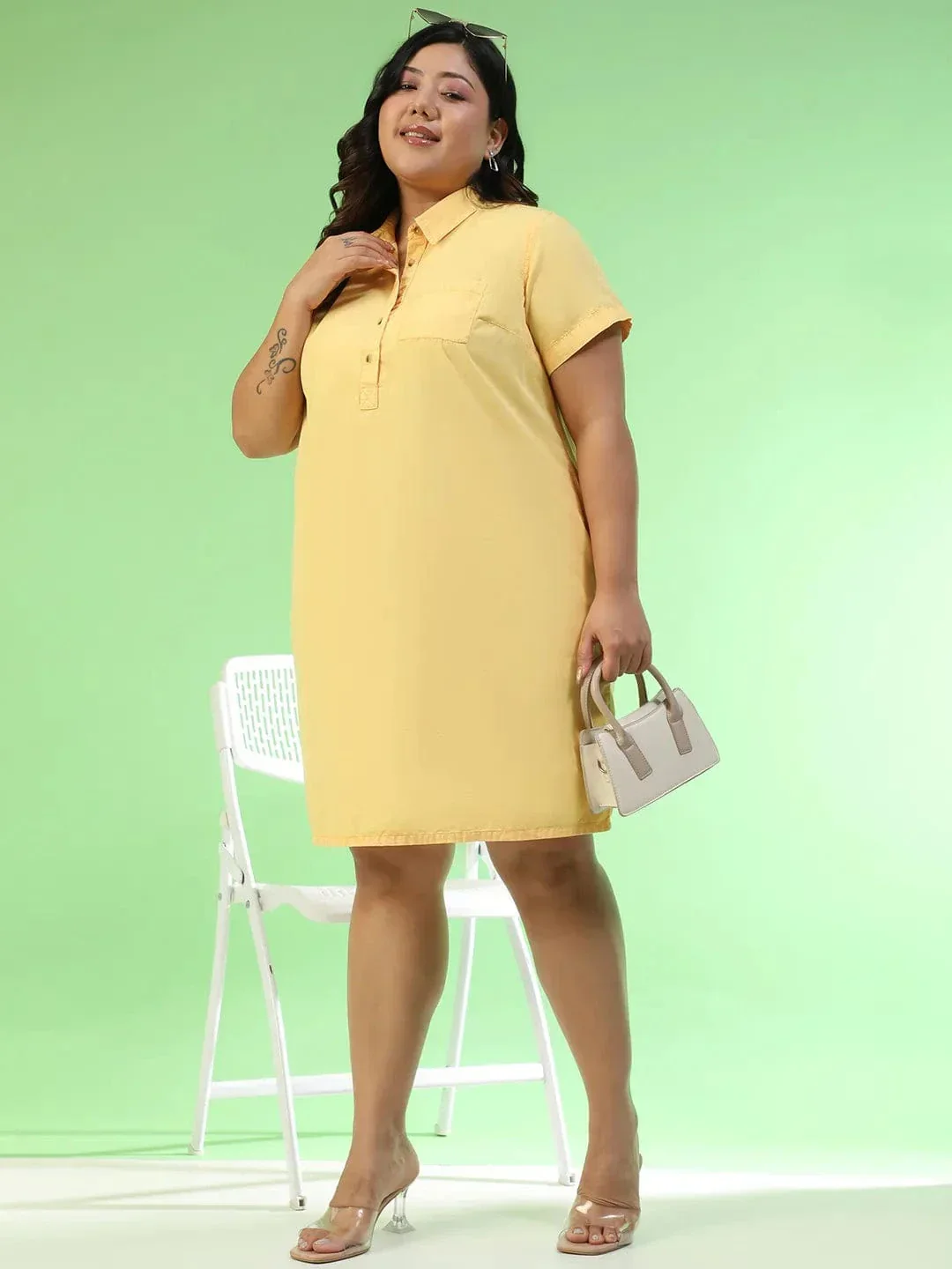 Preppy Yellow Collared Button Detail Short Sleeve Plus Size Women Cotton Dress - Image 7