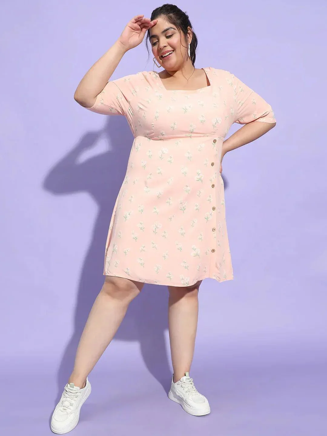Prettyish Peach Floral Print Button Plus Size Curvy Dress - Image 2