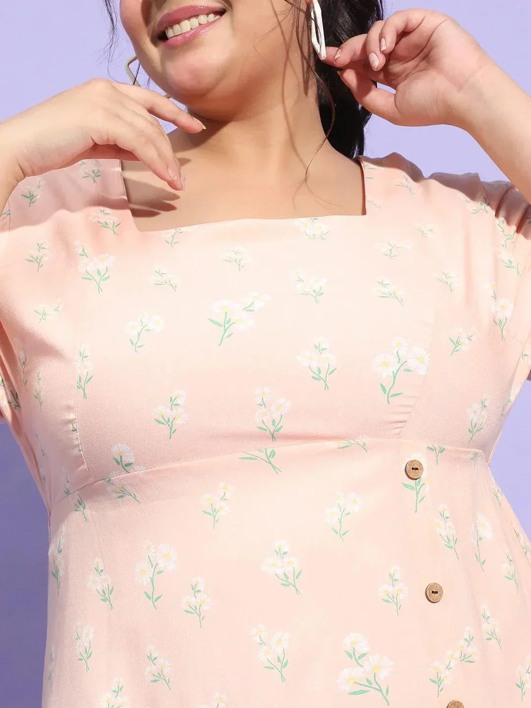 Prettyish Peach Floral Print Button Plus Size Curvy Dress - Image 6