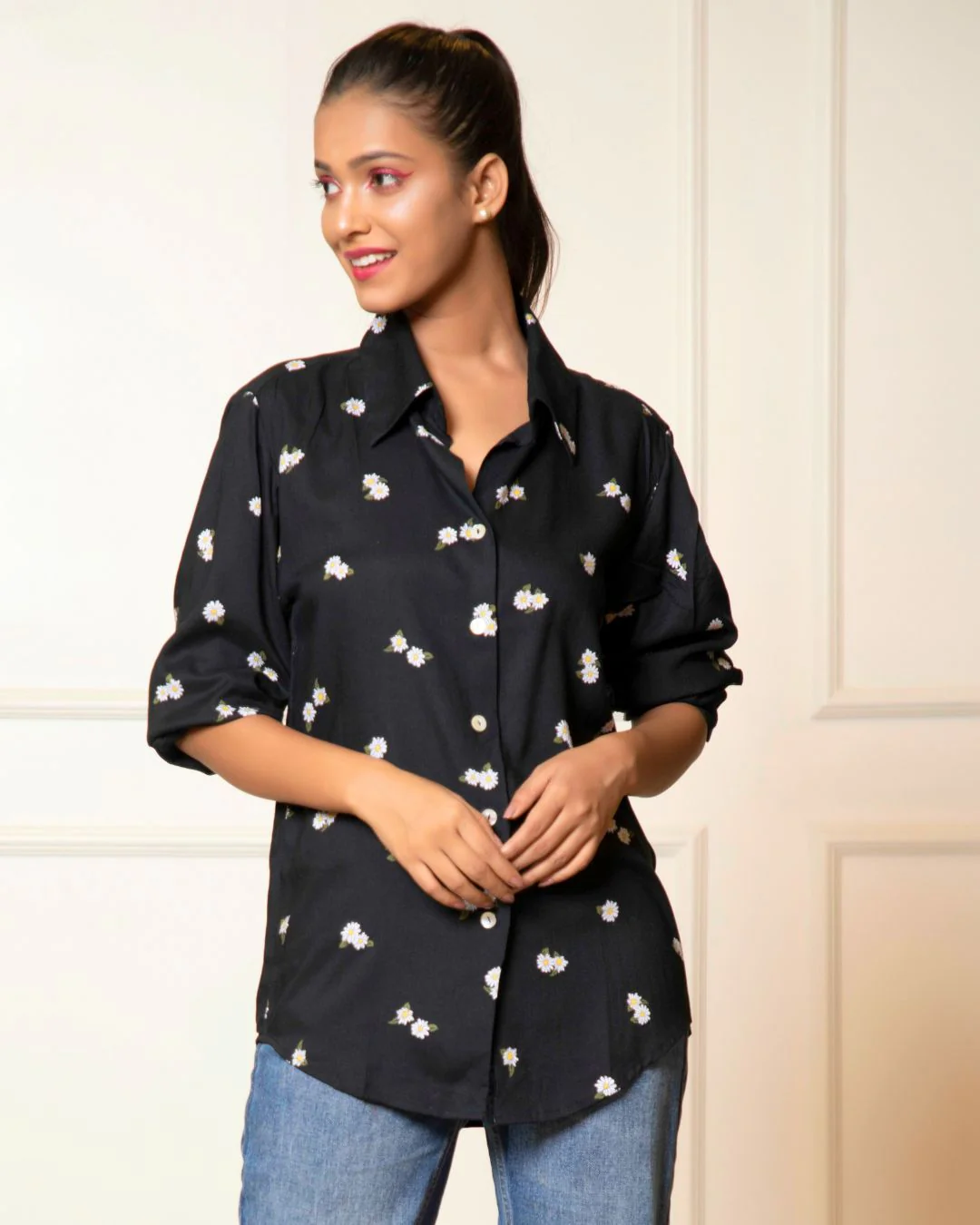 Printed Long Sleeves Cuffed Cotton Shirt - Image 3