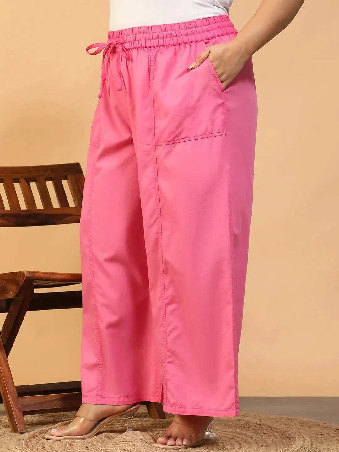 Prism Pink Elasticated With Tie-Up Detail Plus Size Women Long Cotton Pant - Image 3