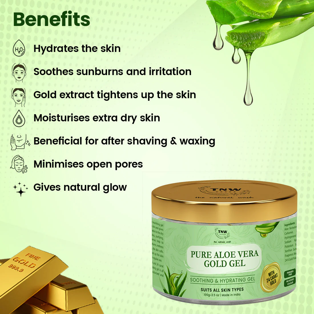 Pure Aloe Vera Gold Gel (With 90% Aloe Vera & 24 Carat Gold Leaves). - Image 3