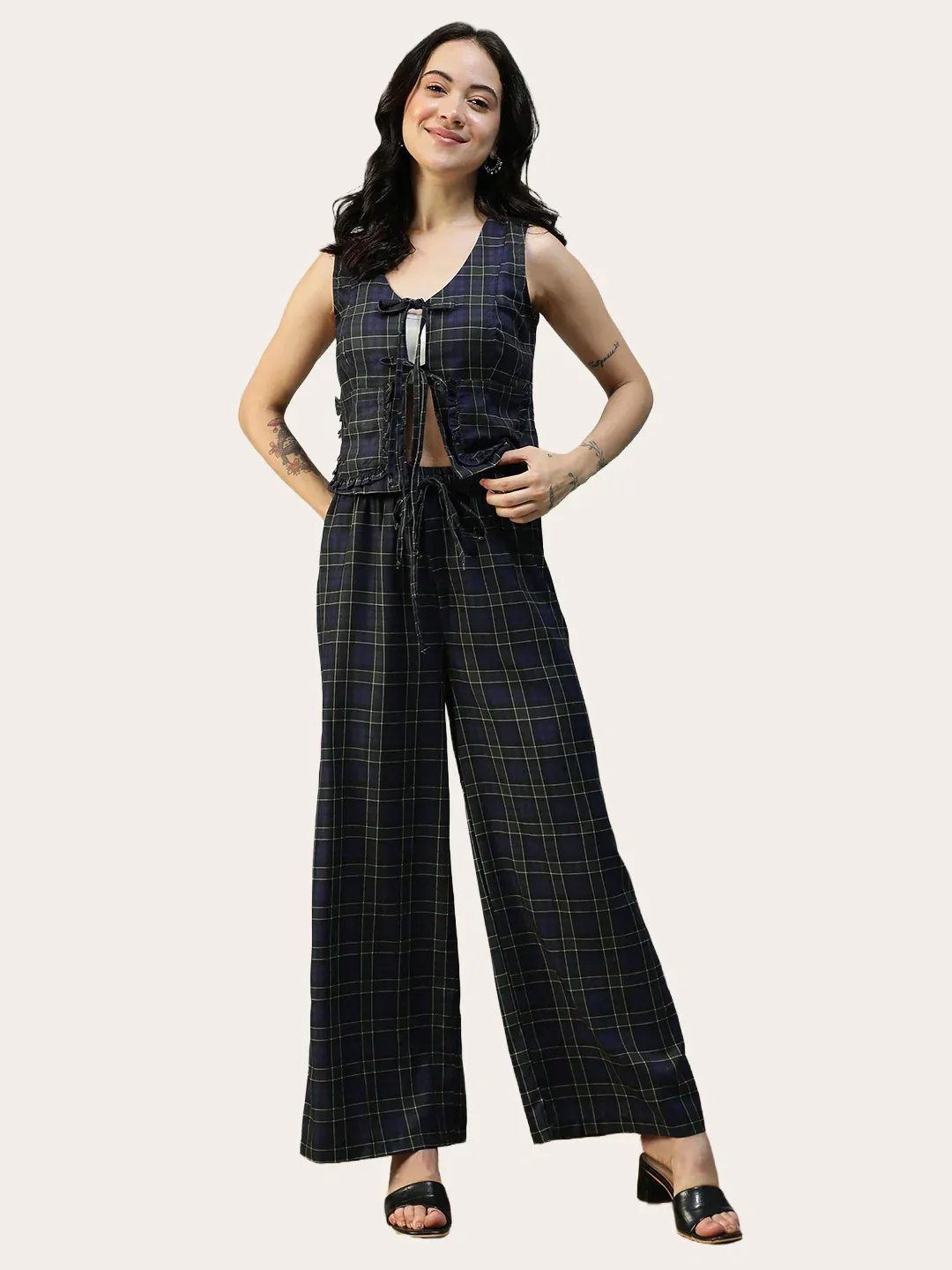Purple Check Print Top & Elasticated Tie-Up Pants Co-Ord Set for Women