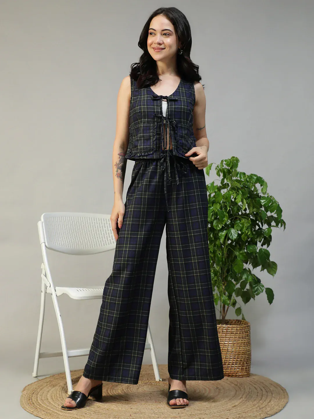 Purple Check Print Top & Elasticated Tie-Up Pants Co-Ord Set for Women - Image 3