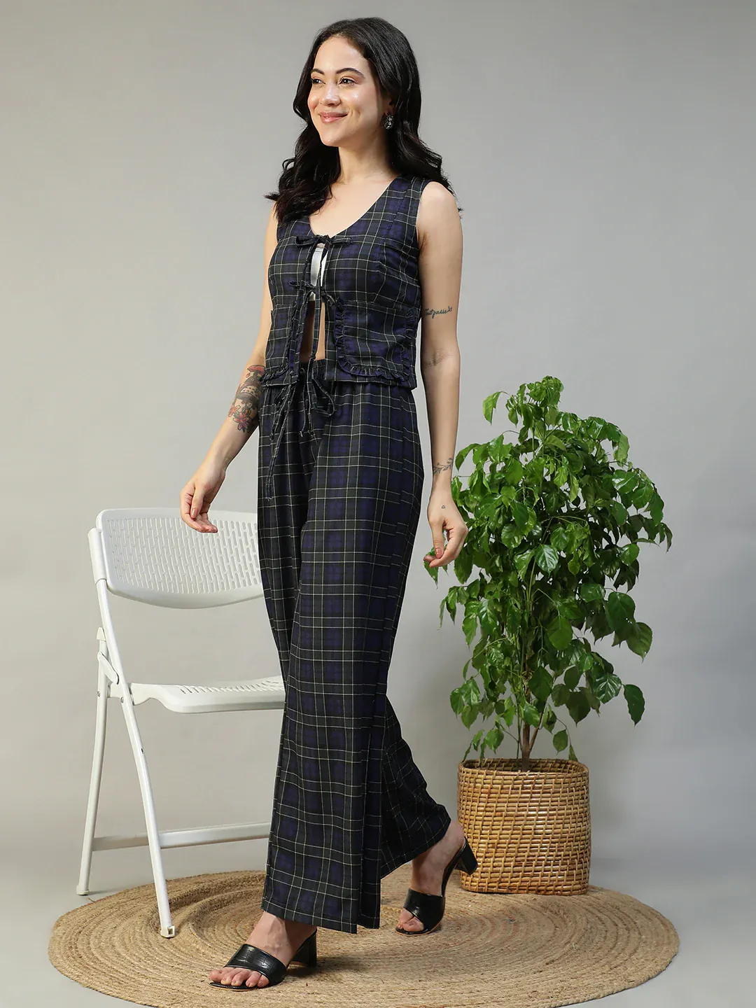 Purple Check Print Top & Elasticated Tie-Up Pants Co-Ord Set for Women - Image 4