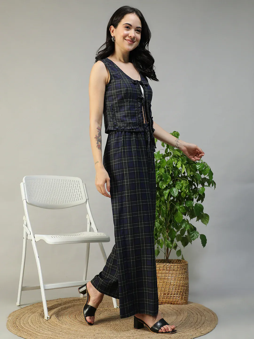 Purple Check Print Top & Elasticated Tie-Up Pants Co-Ord Set for Women - Image 5