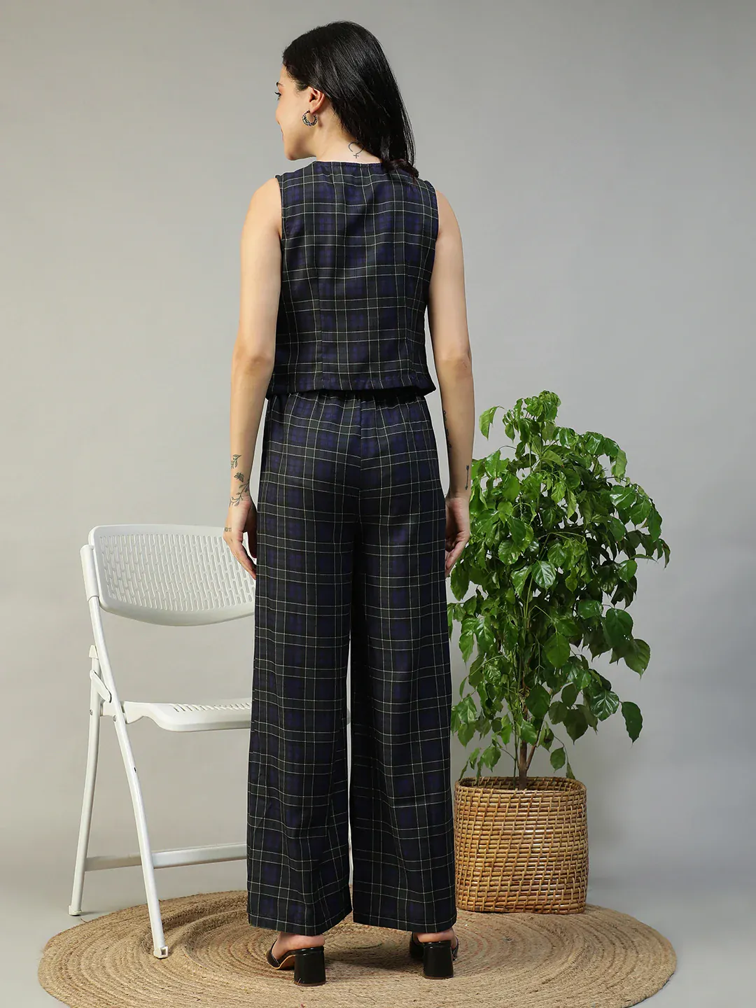 Purple Check Print Top & Elasticated Tie-Up Pants Co-Ord Set for Women - Image 6