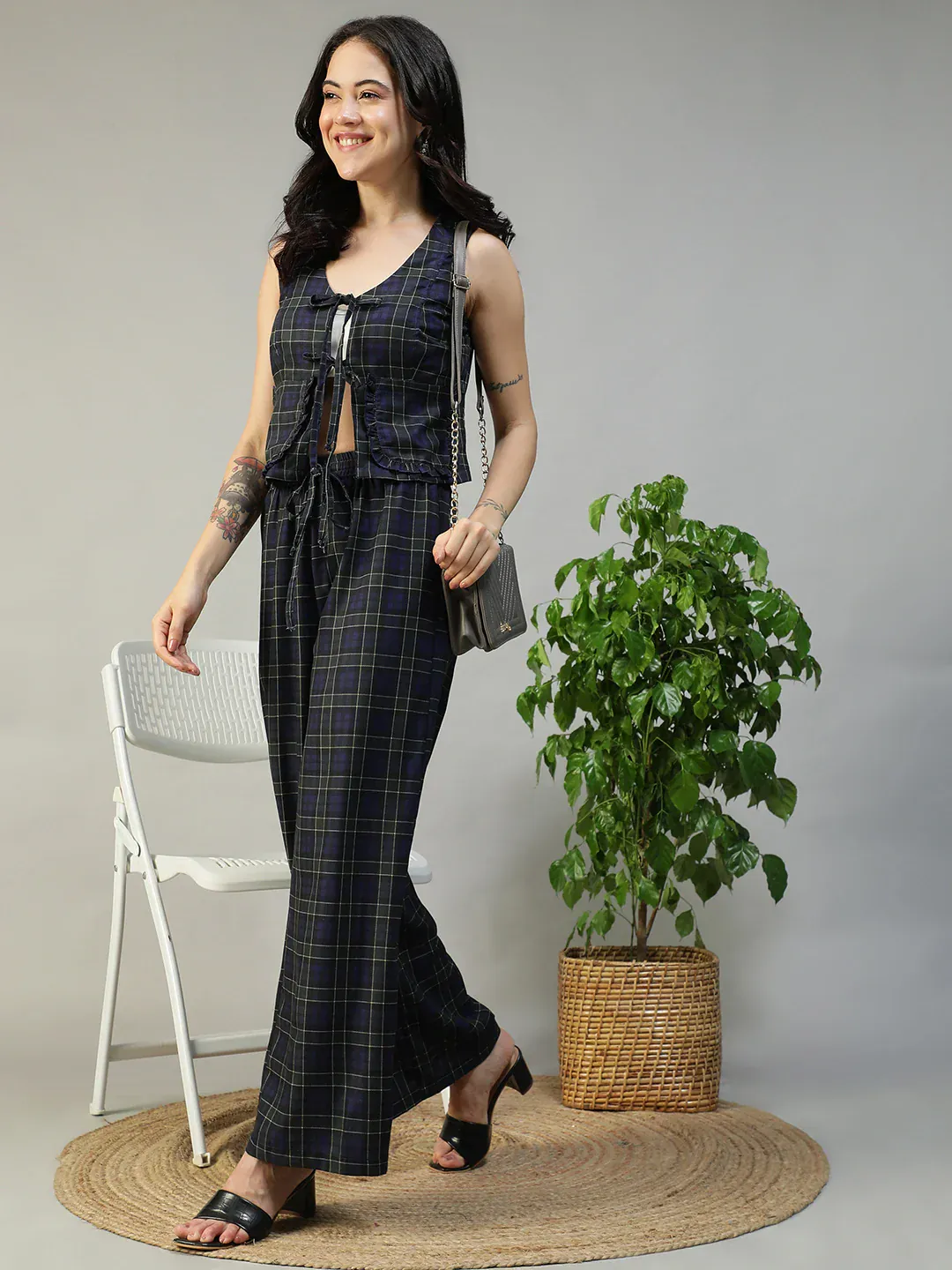 Purple Check Print Top & Elasticated Tie-Up Pants Co-Ord Set for Women - Image 7